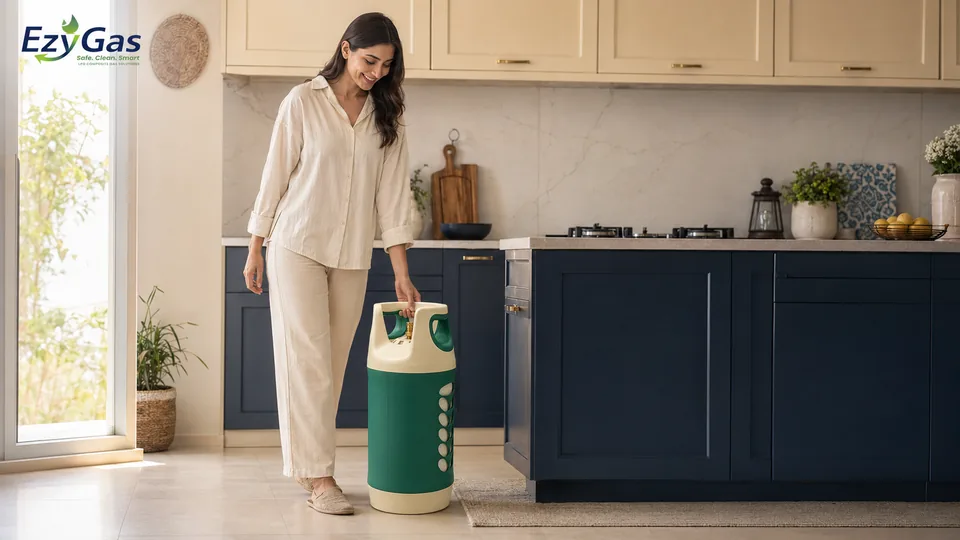 سيدة تحمل أسطوانة EzyGas Home 12.5 KG في مطبخ منزلي مضاء بضوء النهار