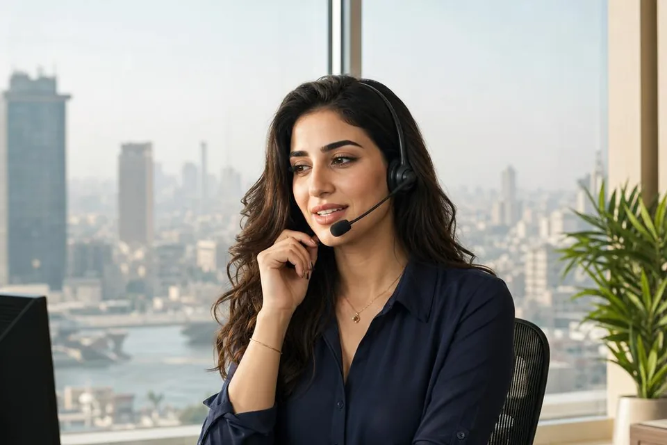 موظفة دعم مصرية أنيقة تعمل في مكتب حضري راقٍ